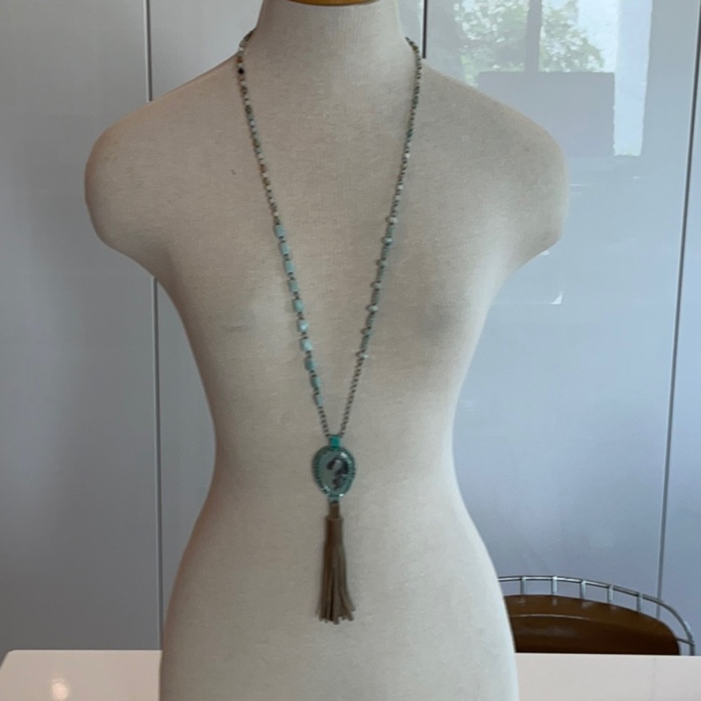 Lulii Blu, Amazonite Necklace with Agate and Leather Tassel Accent